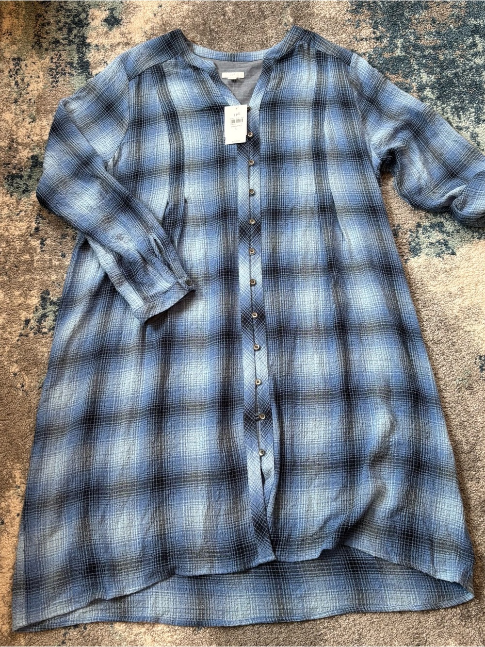 J. Jill Blue Plaid Long Button-Front Shirt Dress Sz L NWT lagenlook
